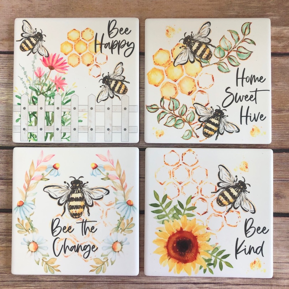 Sandstone Bee Themed Coasters, 4” square